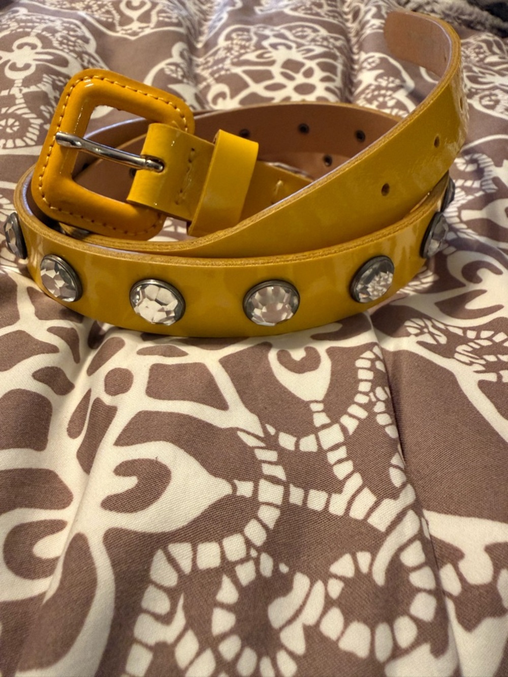 H&M Mustard Patent Belt with Clear Faceted Studs